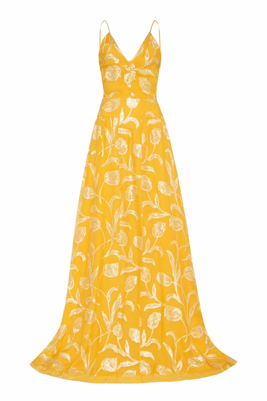 Clothing Markarian NYC | Marigold Yellow Floral Drop Waist Gown