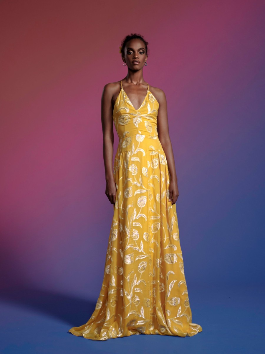 Clothing Markarian NYC | Marigold Yellow Floral Drop Waist Gown