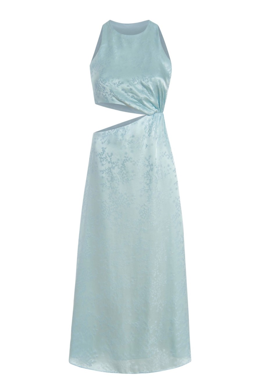 Clothing Markarian NYC | Franca Light Blue Shimmer Floral Jacquard Cut Out Midi Dress