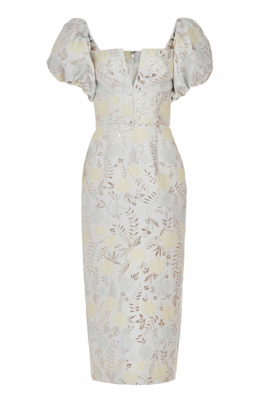 Bridal Markarian NYC | Yvette Ivory Brocade Puff Sleeve Dress