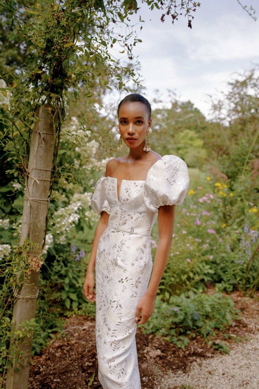 Bridal Markarian NYC | Yvette Ivory Brocade Puff Sleeve Dress