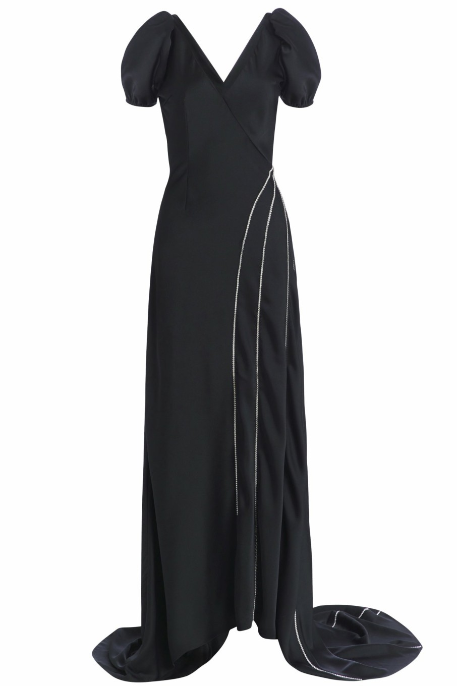 Clothing Markarian NYC | Maxine Black Puff Sleeve Crepe Gown With Swarovski Crystal Seam Details