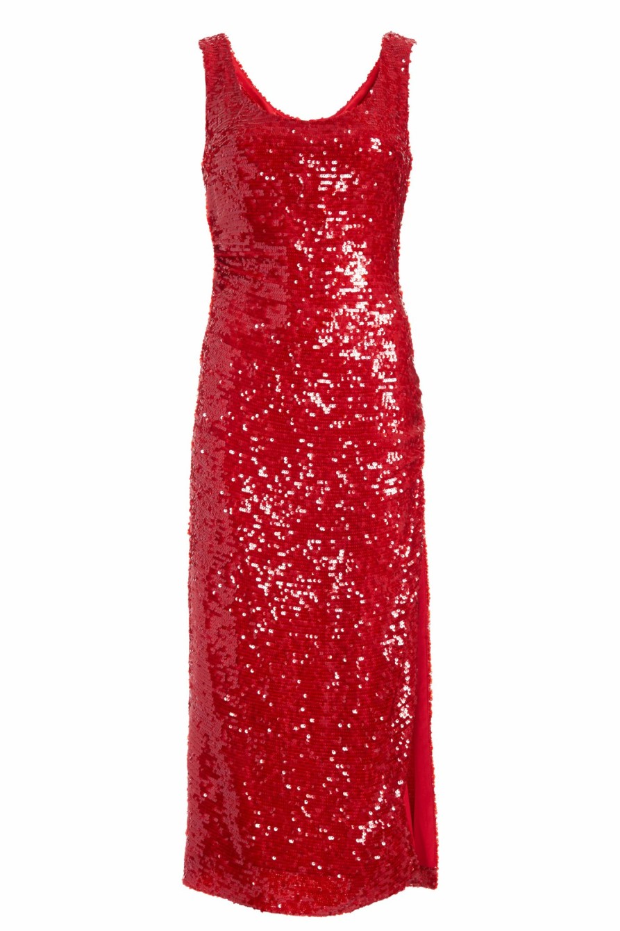 Clothing Markarian NYC | Deanna Red Sequin Dress With Ruched Waist And Front Slit