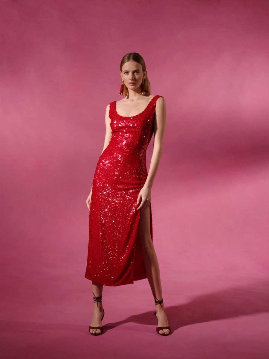 Clothing Markarian NYC | Deanna Red Sequin Dress With Ruched Waist And Front Slit