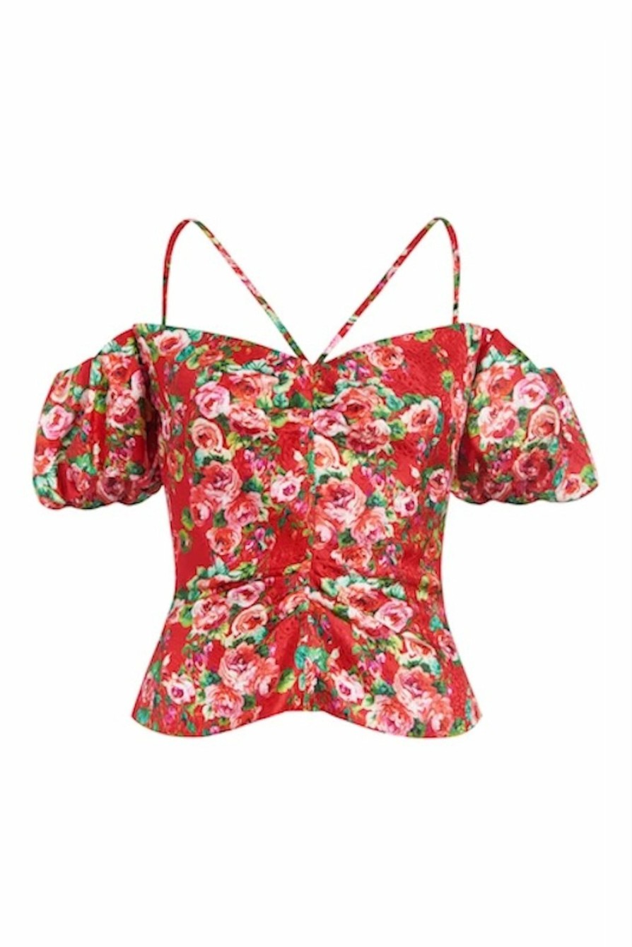 Clothing Markarian NYC | Ruby Red Rose Floral Ruched Off-The-Shoulder Top