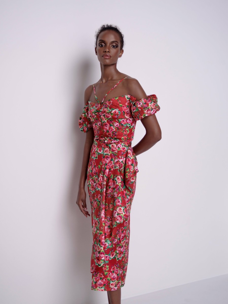 Clothing Markarian NYC | Ruby Red Rose Floral Ruched Off-The-Shoulder Top