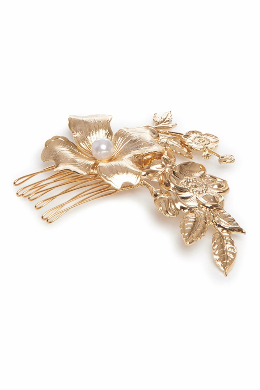 Accessories Markarian NYC | Alviva Small Gold Pearl Detail Floral Hair Comb