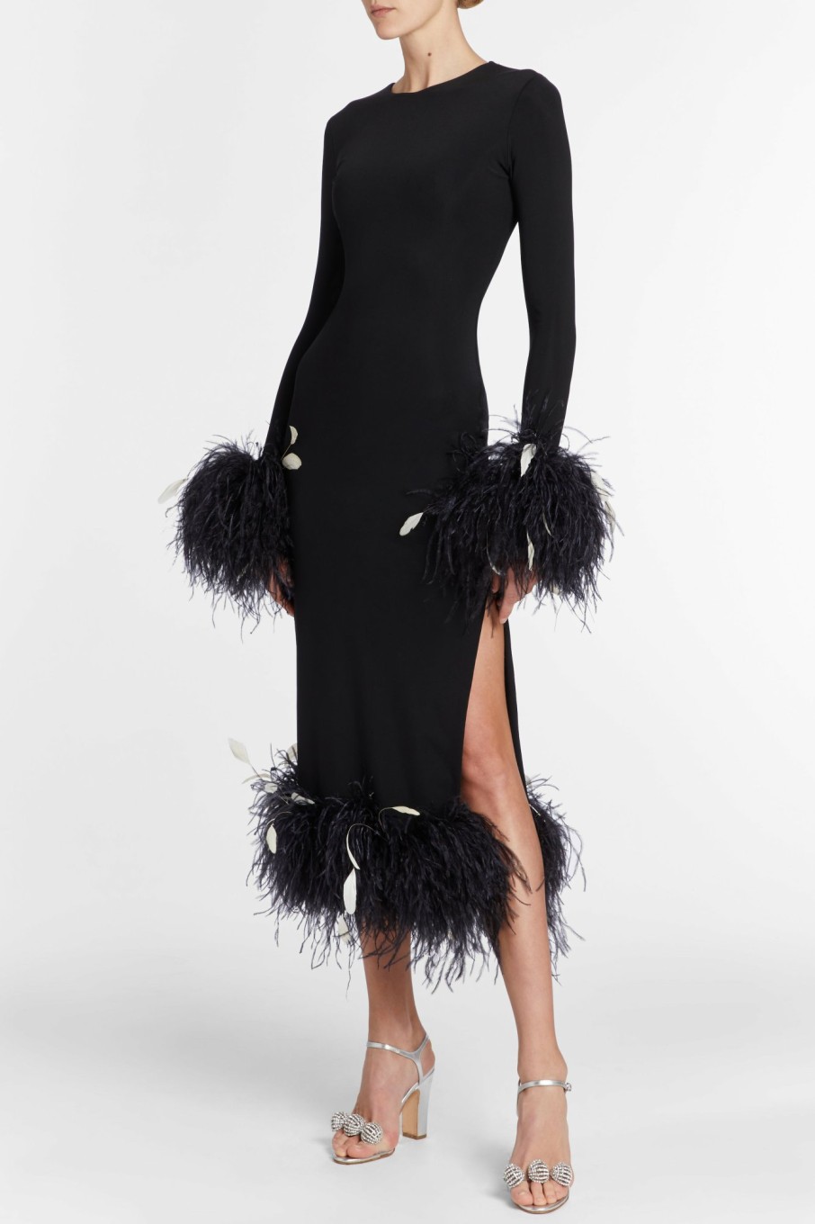 Clothing Markarian NYC | Aretha Black Long Sleeve Midi Dress With Feather Trim