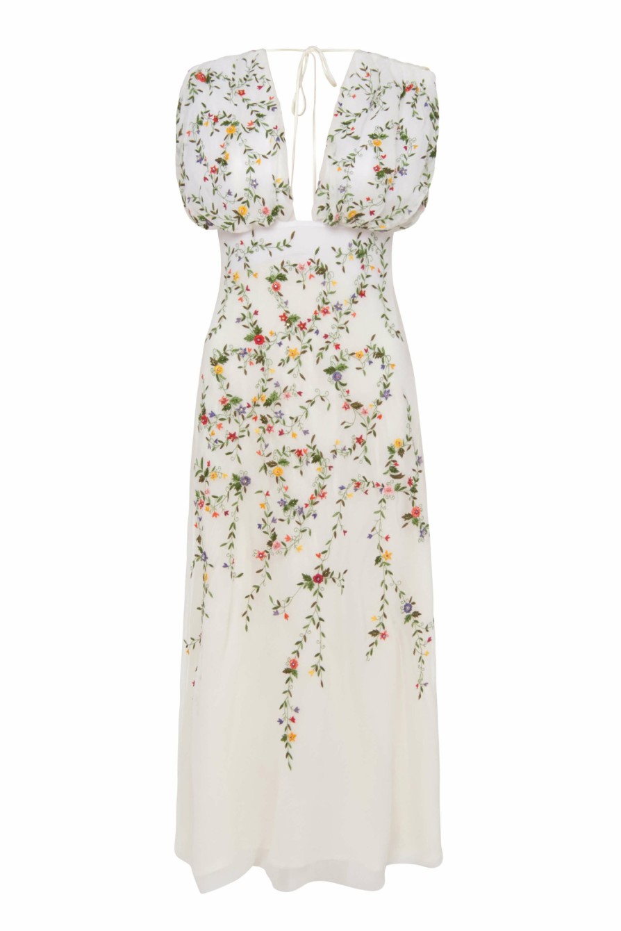 Clothing Markarian NYC | Primavera White Embroidered Floral Silk Midi Dress With Ruched Bodice