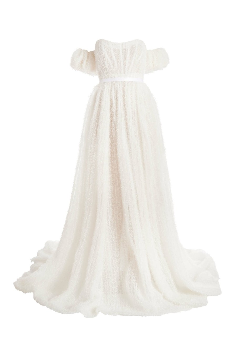 Clothing Markarian NYC | Venus White Dotted Tulle Off-The-Shoulder Puff Sleeve Gown