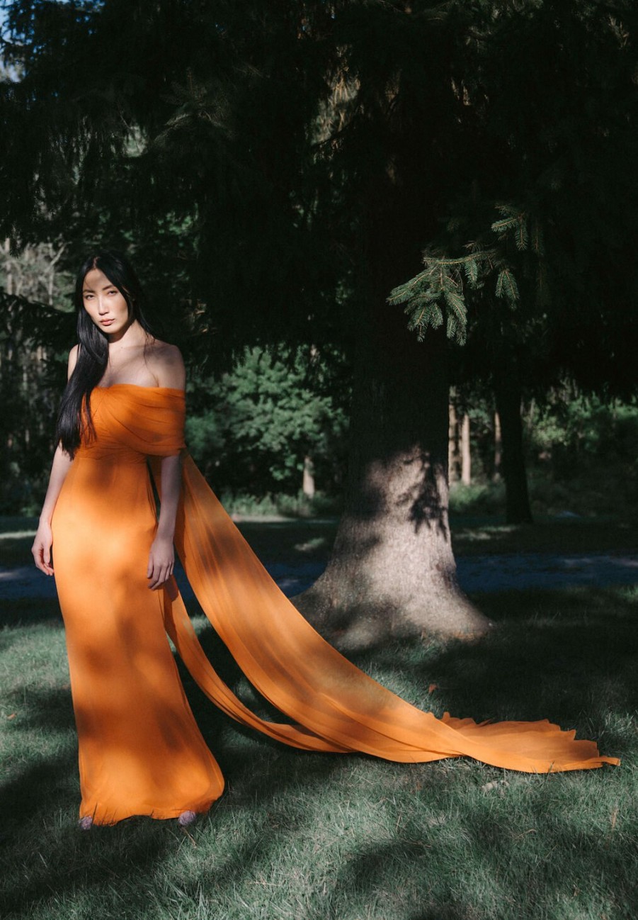 Clothing Markarian NYC | Anthea Tangerine Chiffon Draped Off-The-Shoulder Gown