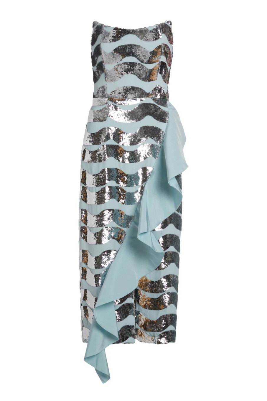 Clothing Markarian NYC | Alessia Light Blue Silver Sequin Wave Strapless Ruffled Midi Dress