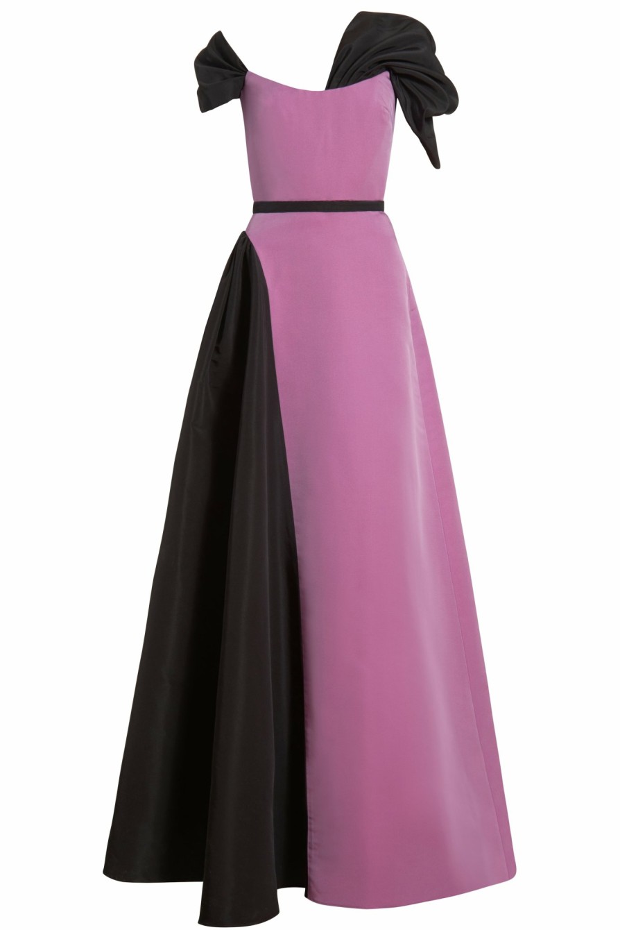 Clothing Markarian NYC | Edith Lilac And Black Silk Faille Asymmetric Drape Shoulder Gown