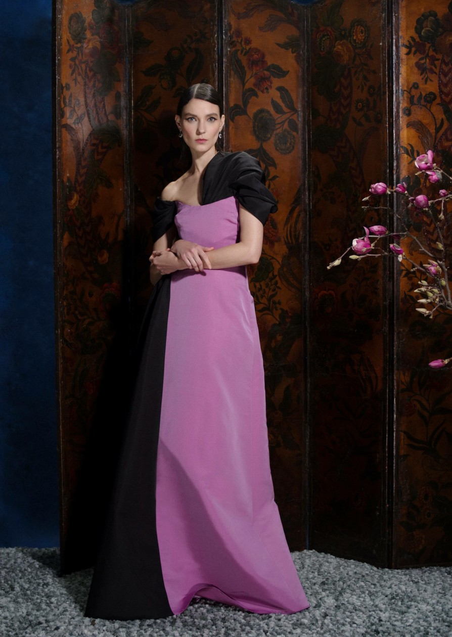 Clothing Markarian NYC | Edith Lilac And Black Silk Faille Asymmetric Drape Shoulder Gown