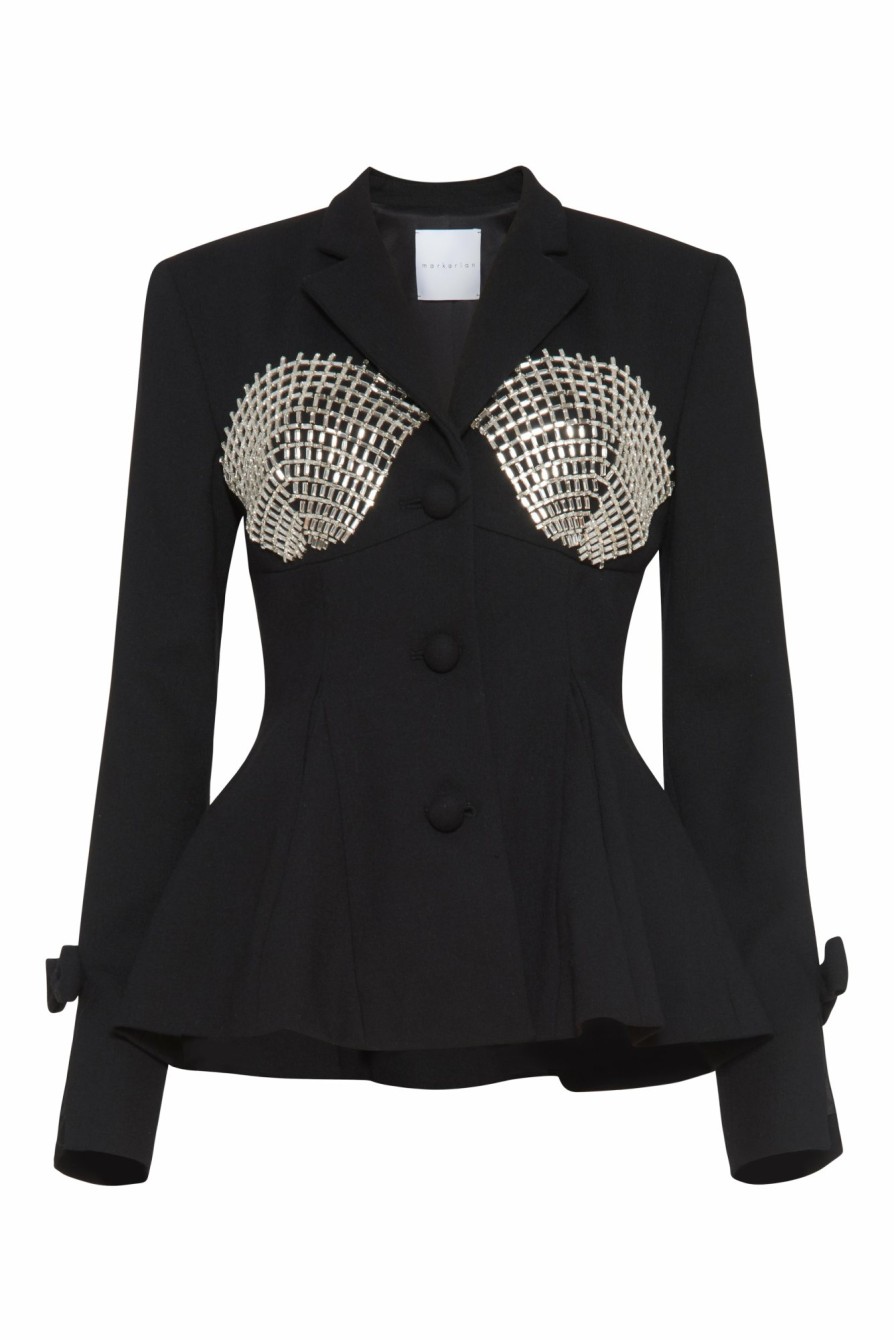 Clothing Markarian NYC | Lynn Black Wool Blazer With Embellished Crystal Detail