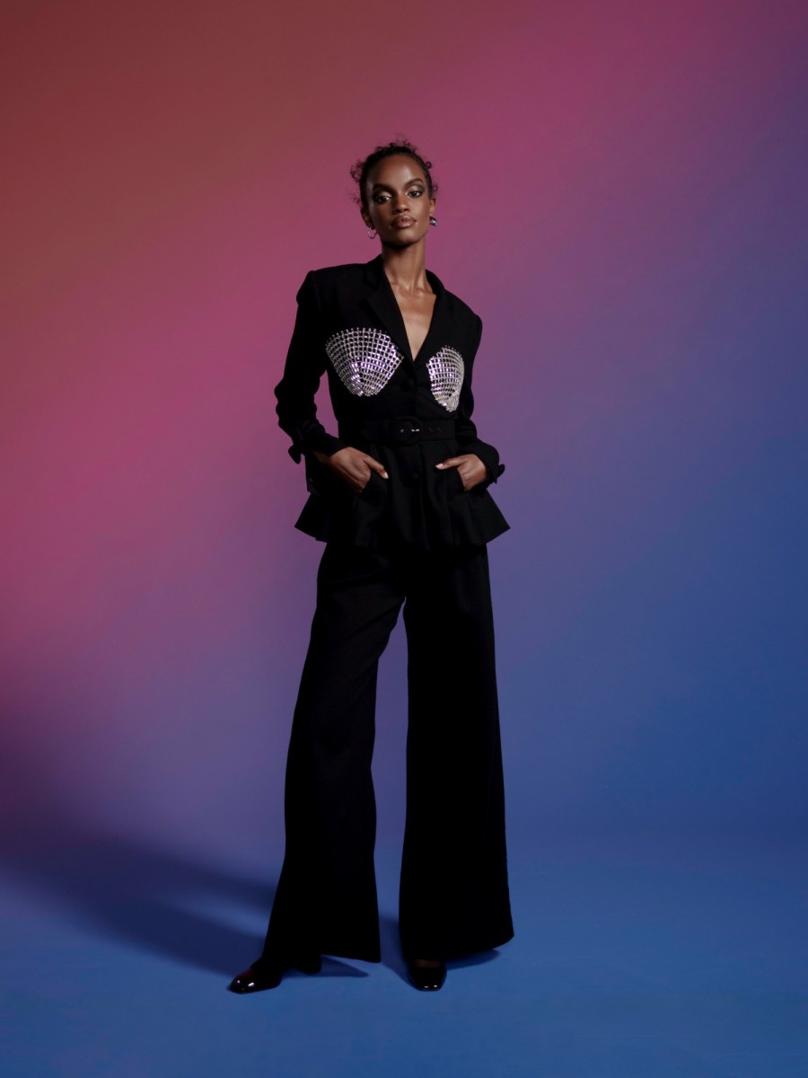 Clothing Markarian NYC | Lynn Black Wool Blazer With Embellished Crystal Detail