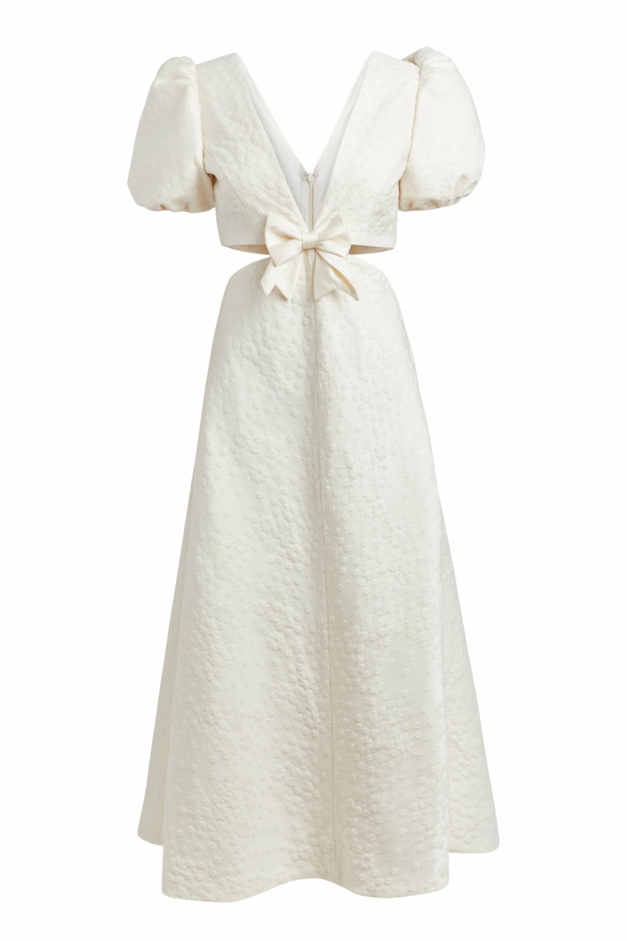 Clothing Markarian NYC | Patti Ivory Daisy Brocade Puff Sleeve Cut Out Midi Dress