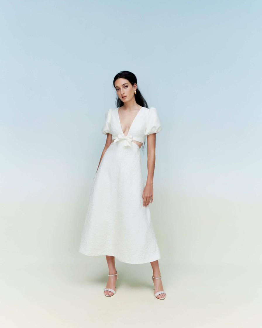 Clothing Markarian NYC | Patti Ivory Daisy Brocade Puff Sleeve Cut Out Midi Dress