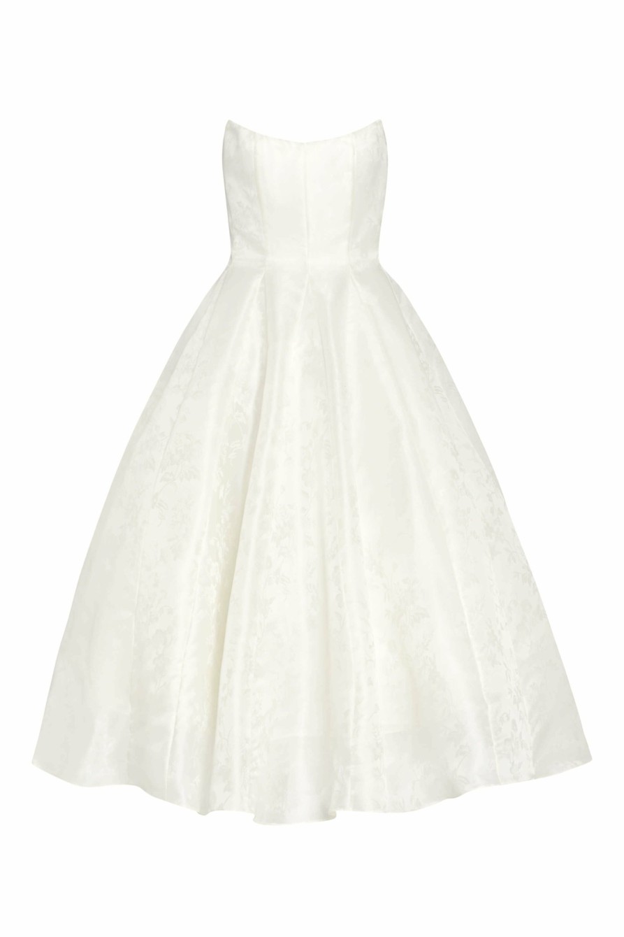 Bridal Markarian NYC | Fiorela White Floral Jacquard Strapless Midi Dress