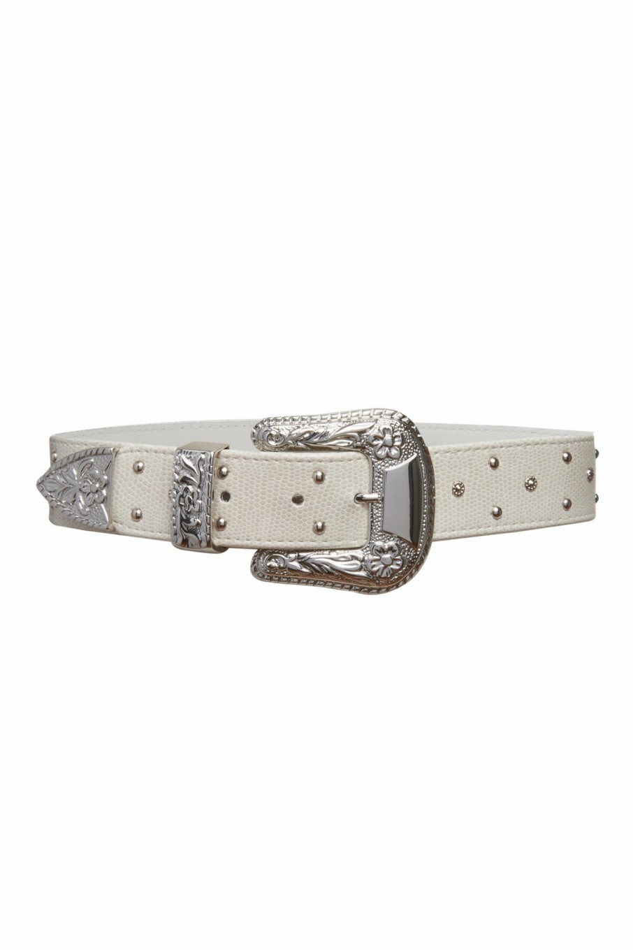 Accessories Markarian NYC | Serendipity White Leather Belt With Engraved Silver Buckle And Studs