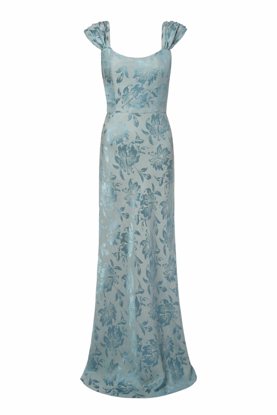 Clothing Markarian NYC | Florence Teal Floral Jacquard Gown With Arm Trains