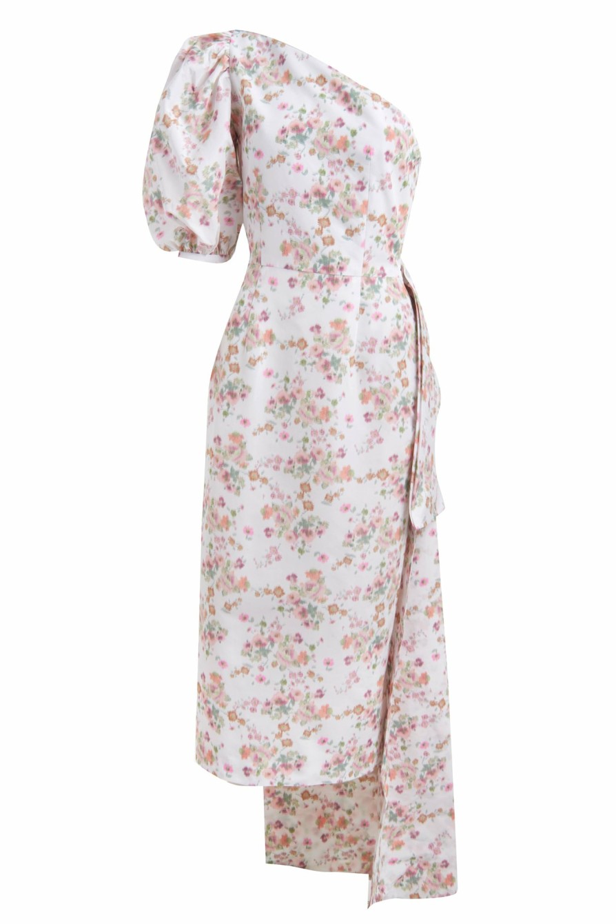 Clothing Markarian NYC | Laurel One-Shoulder White Ikat Floral Dress With Sash Train