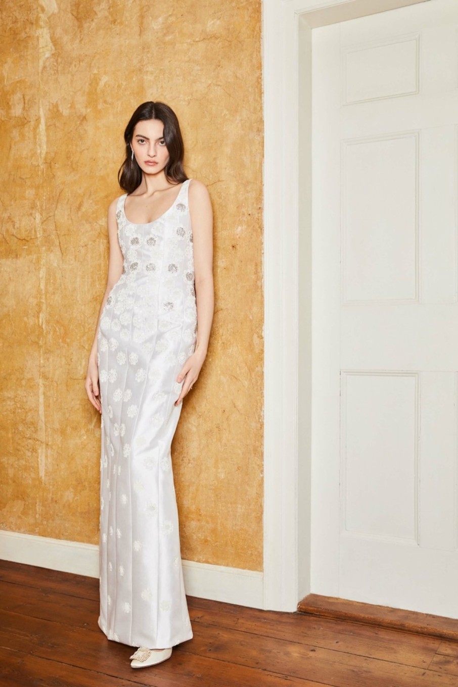 Bridal Markarian NYC | Sylvie White Silk Paneled Column Gown With Daisy Beading