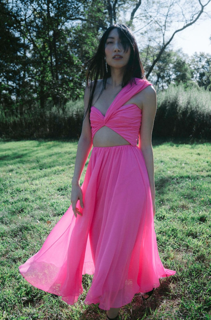 Clothing Markarian NYC | Rosalind Pink Draped Chiffon One Shoulder Dress