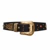 Accessories Markarian NYC | Serendipity Black Leather Belt With Engraved Gold Buckle And Stones