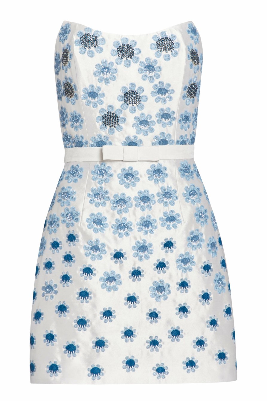 Bridal Markarian NYC | Lulu White Silk Mini Dress With Blue Daisy Beading