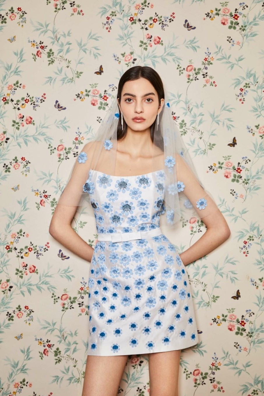 Bridal Markarian NYC | Lulu White Silk Mini Dress With Blue Daisy Beading