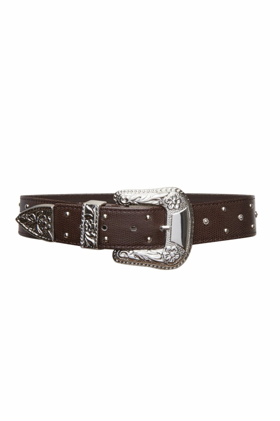 Accessories Markarian NYC | Serendipity Brown Leather Belt With Engraved Silver Buckle And Studs