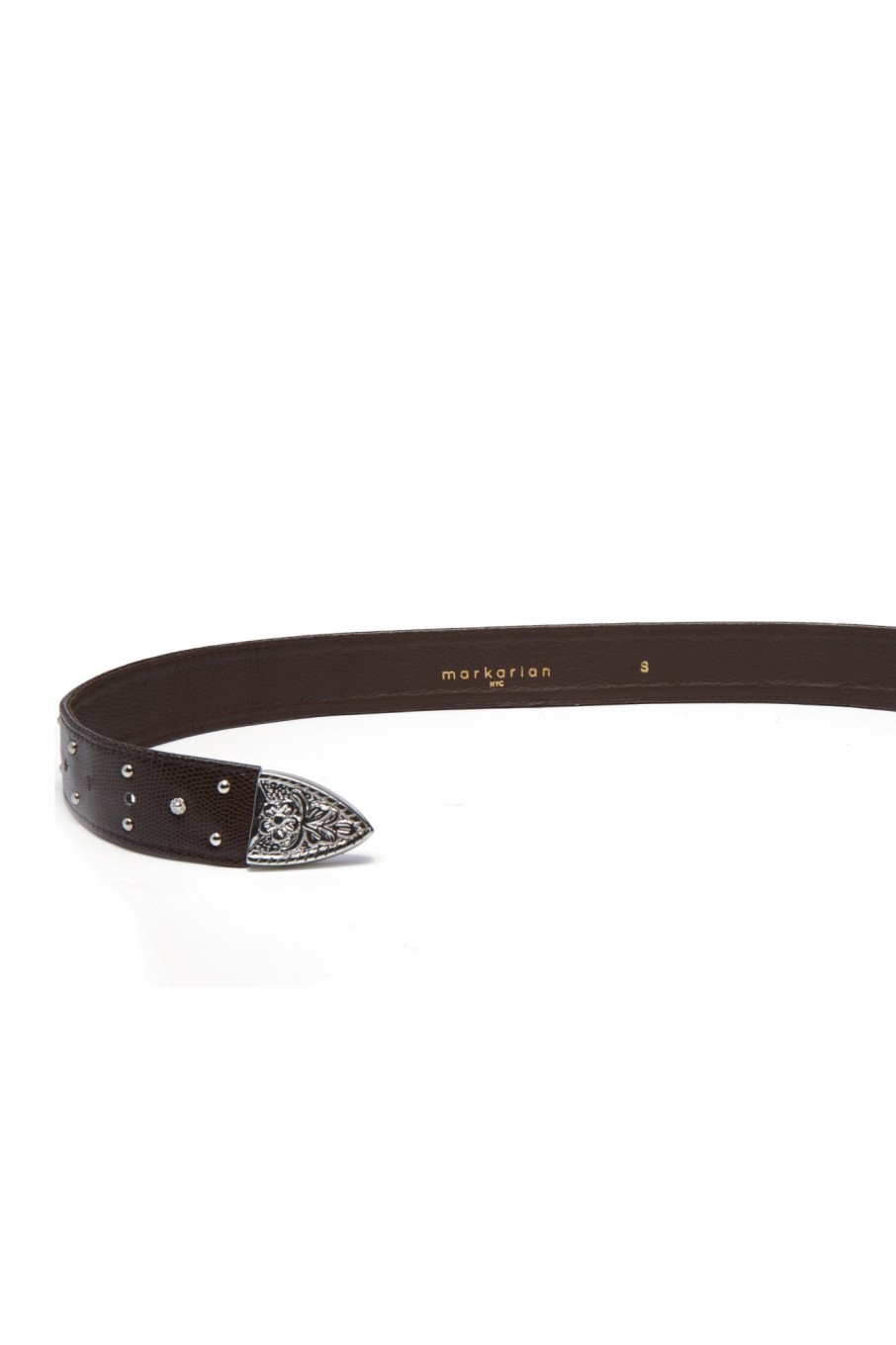 Accessories Markarian NYC | Serendipity Brown Leather Belt With Engraved Silver Buckle And Studs