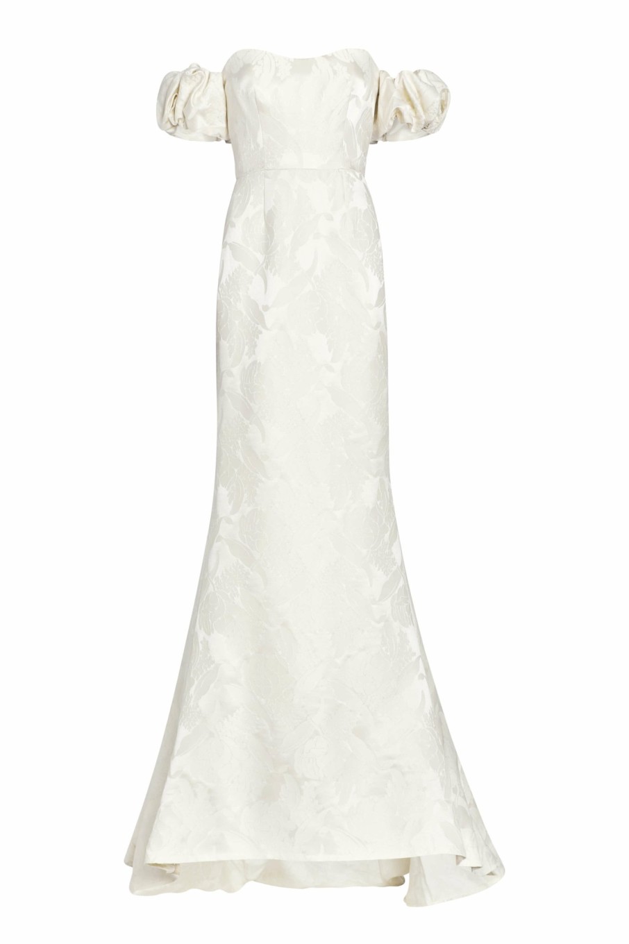 Bridal Markarian NYC | Luisa Off-The-Shoulder White Floral Jacquard Gown With Puff Sleeves