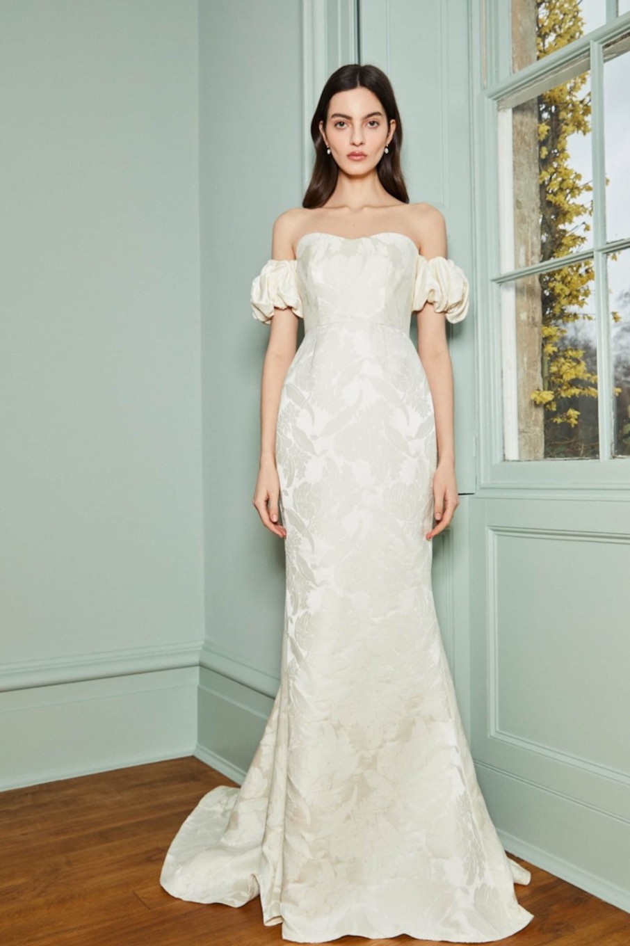 Bridal Markarian NYC | Luisa Off-The-Shoulder White Floral Jacquard Gown With Puff Sleeves