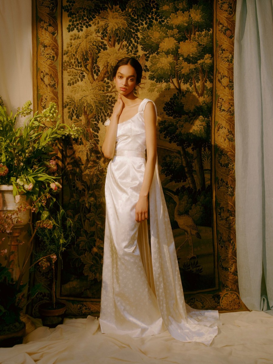 Bridal Markarian NYC | Ditsy Floral Gown With Shoulder Strap Trains