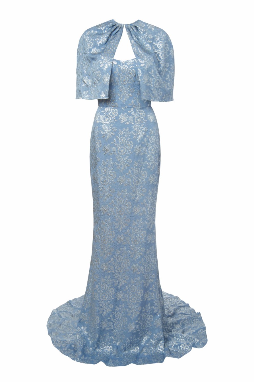 Clothing Markarian NYC | Leonora Blue Metallic Floral Strapless Gown With Sweetheart Neckline And Capelet