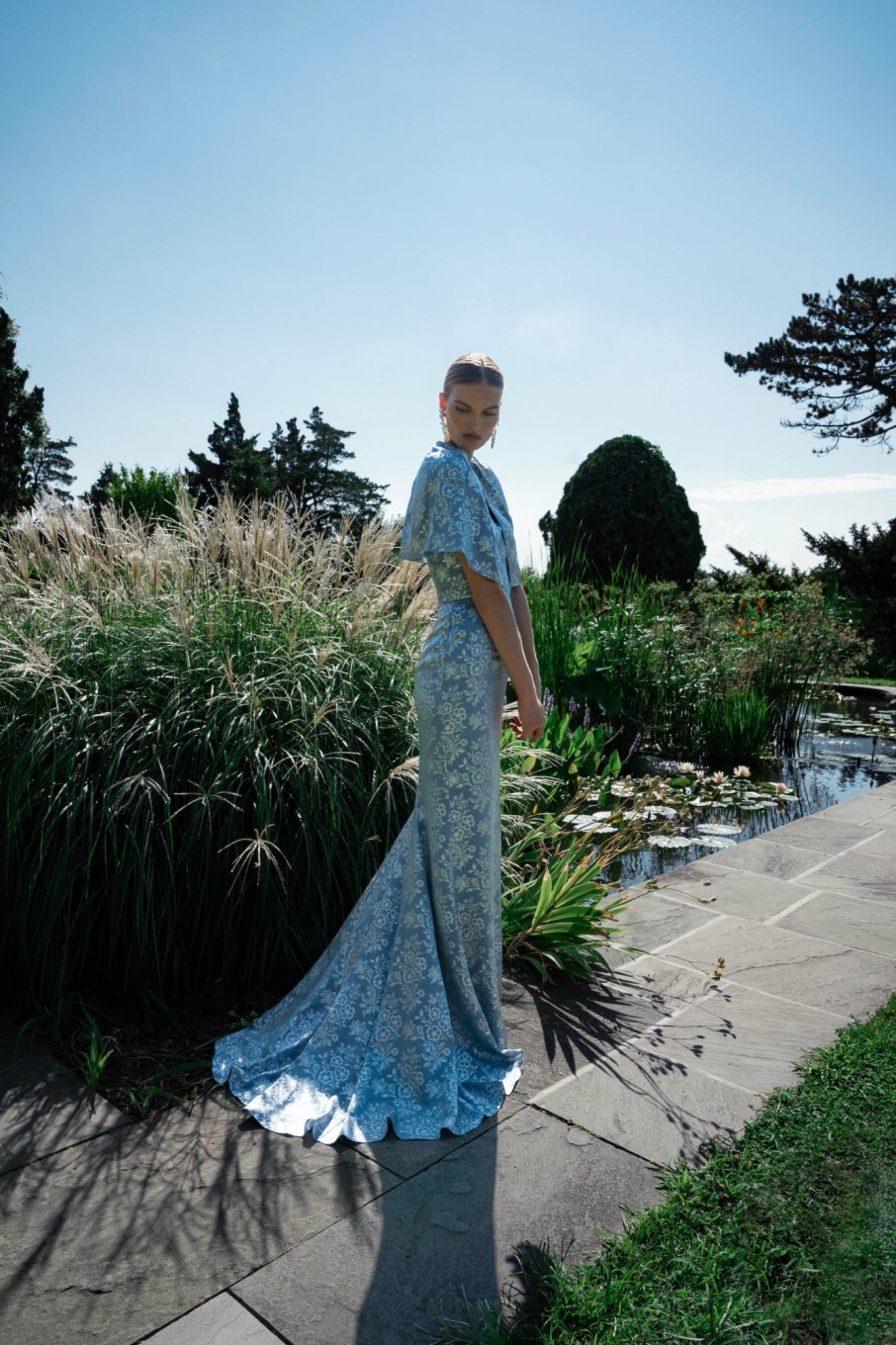 Clothing Markarian NYC | Leonora Blue Metallic Floral Strapless Gown With Sweetheart Neckline And Capelet