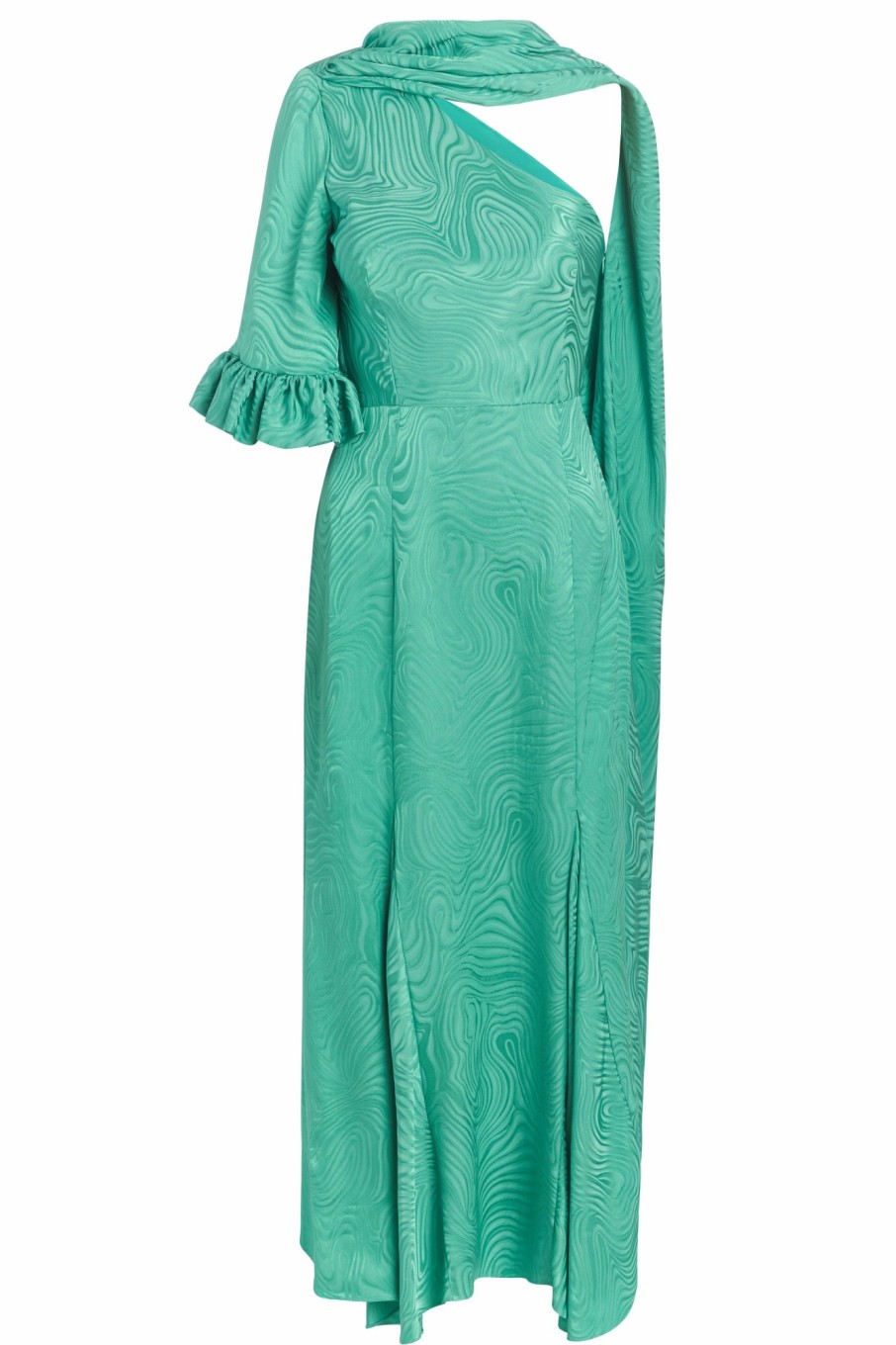 Clothing Markarian NYC | Fitzgerald Jade Woodcut Jacquard One Shoulder Ruffle Sleeve Midi Dress With Scarf