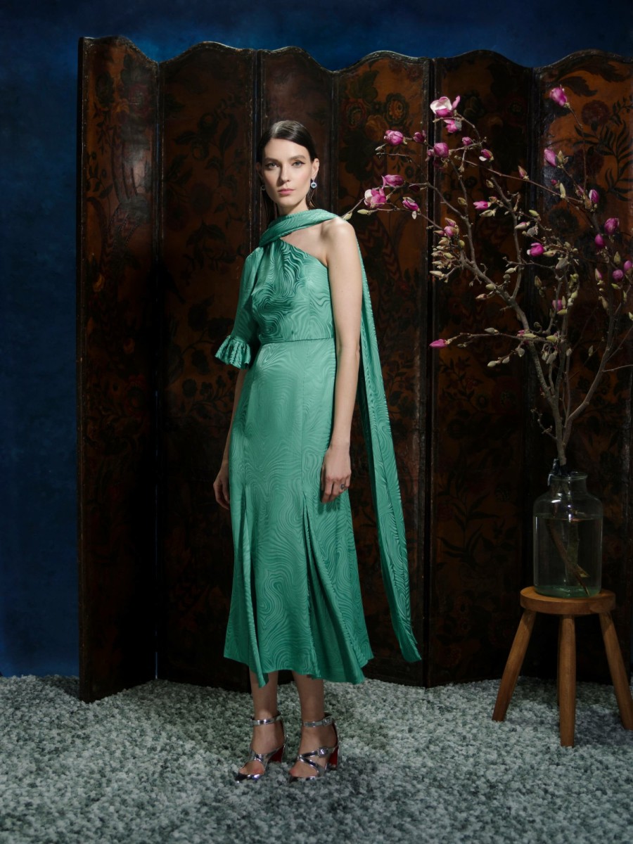 Clothing Markarian NYC | Fitzgerald Jade Woodcut Jacquard One Shoulder Ruffle Sleeve Midi Dress With Scarf