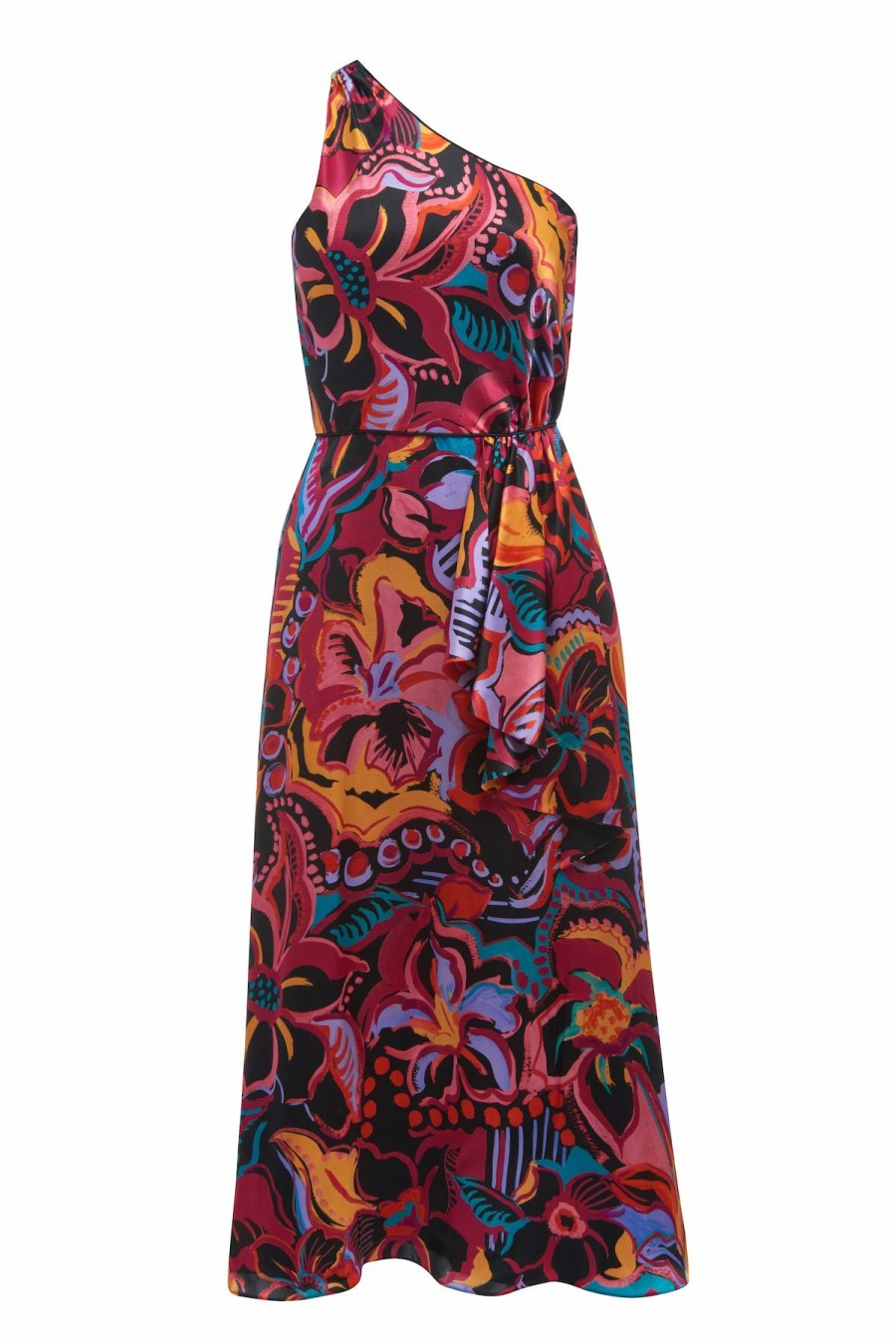 Clothing Markarian NYC | Plumeria Multicolor Floral Print One Shoulder Midi Dress