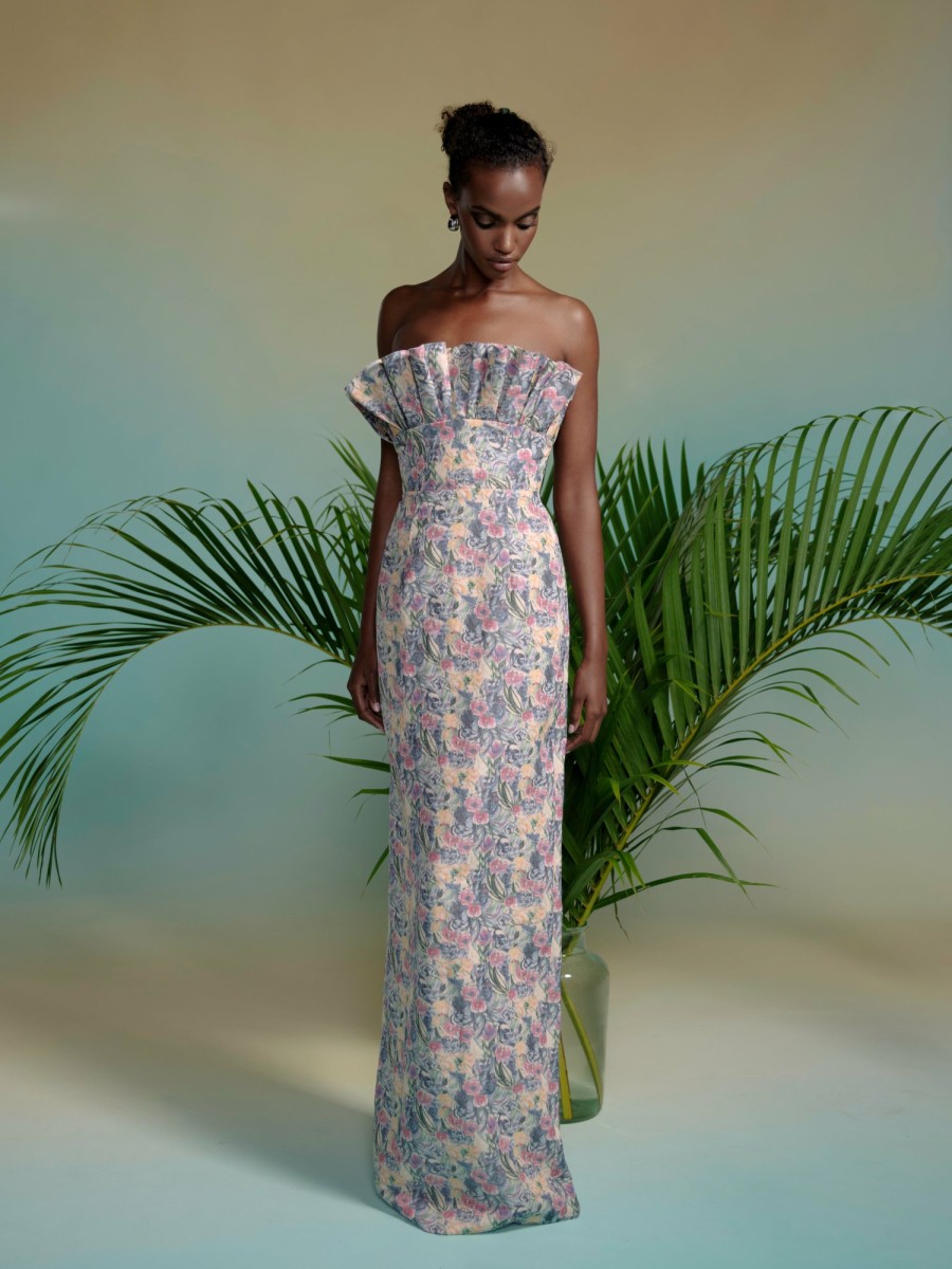 Clothing Markarian NYC | Demetra Sustainable Watercolor Floral Ruffled Bodice Gown