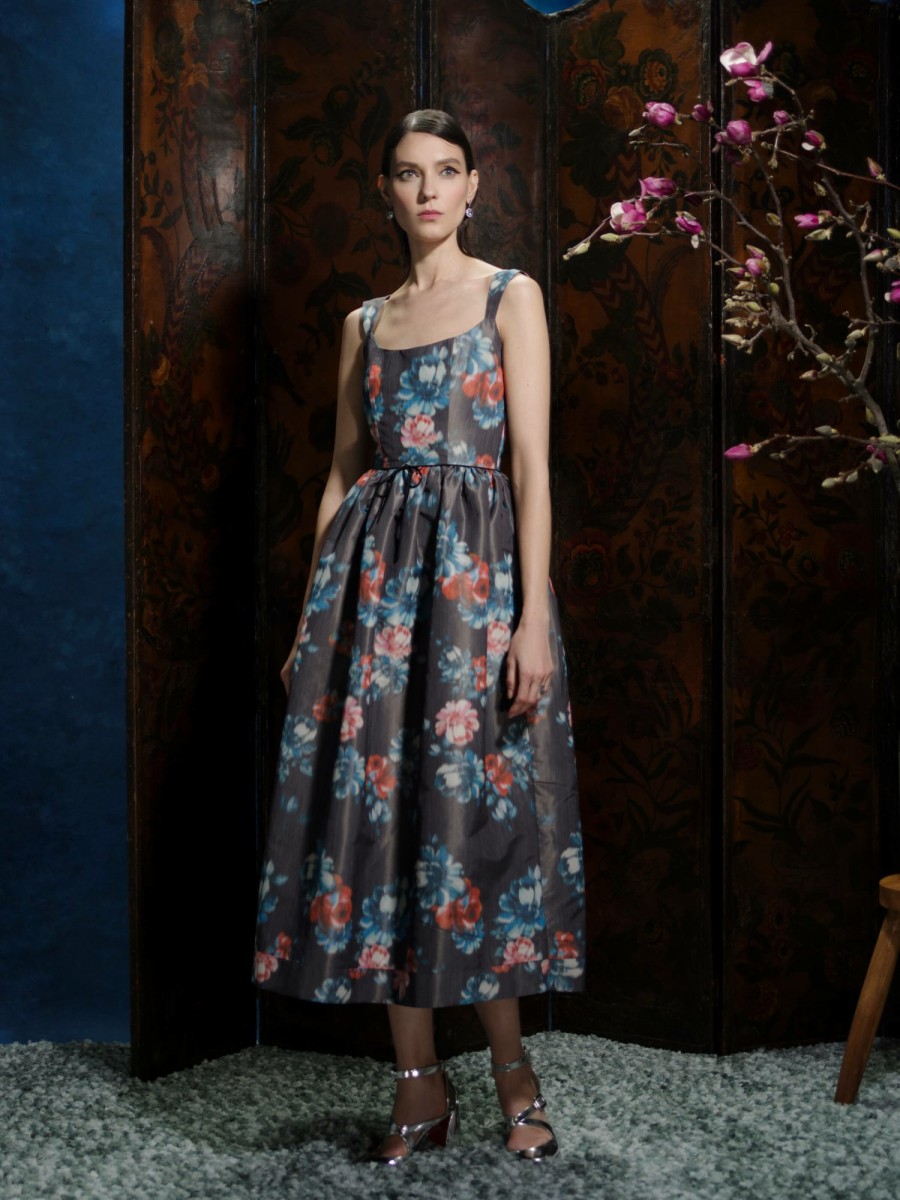 Clothing Markarian NYC | Apple Dark Floral Ikat Full Skirted Corset Dress