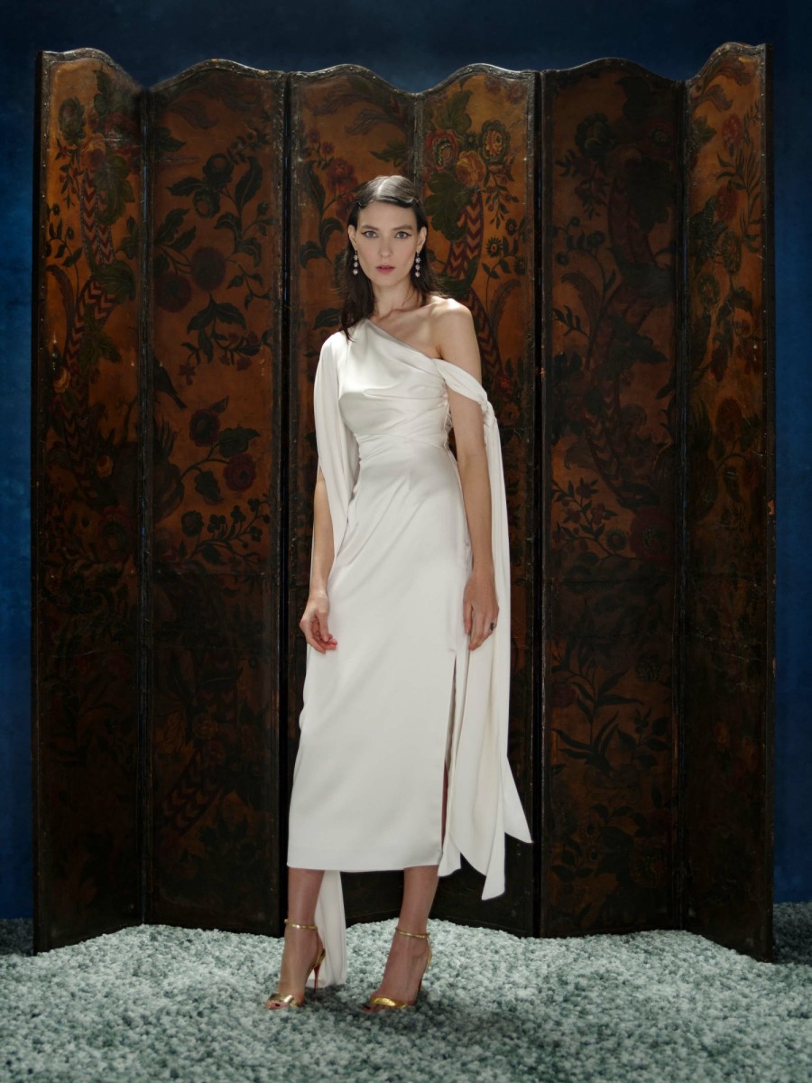 Clothing Markarian NYC | Dali Off White One Shouldered Draped Midi Dress With Shoulder Ties