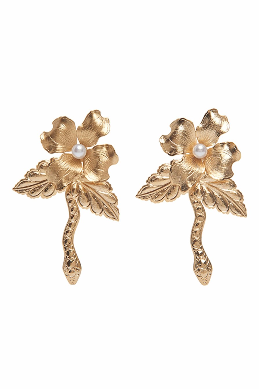 Accessories Markarian NYC | Dyonisia Gold Pearl Detail Floral Snake Earrings