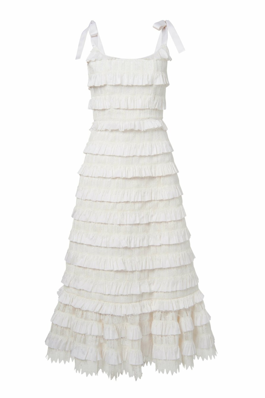 Clothing Markarian NYC | Annette Ivory Layered Ruffle Corset Dress With Tie Straps And Flounce Detail