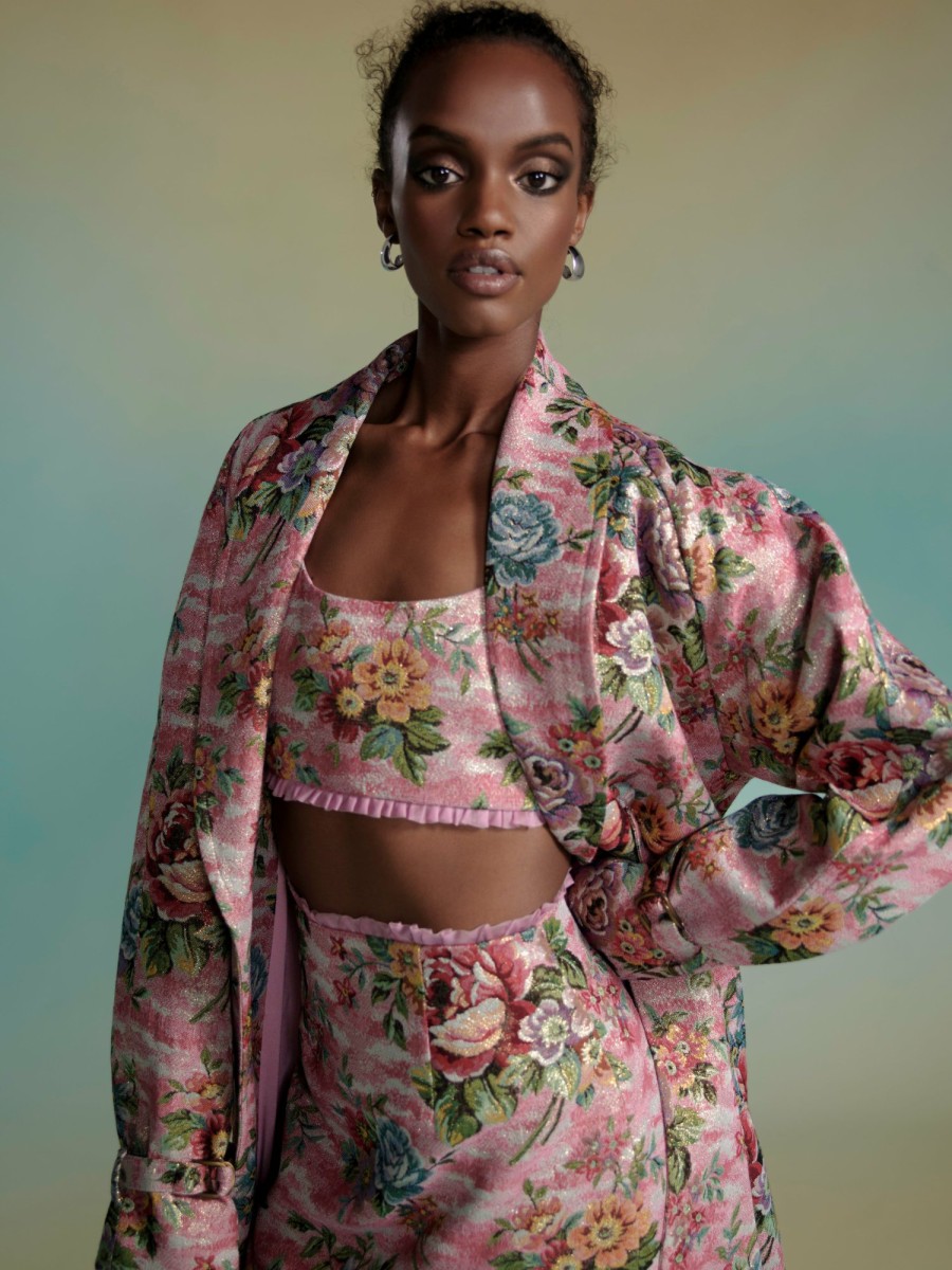 Clothing Markarian NYC | Clara Rose Tapestry Crop Top With Pink Micro Pleat