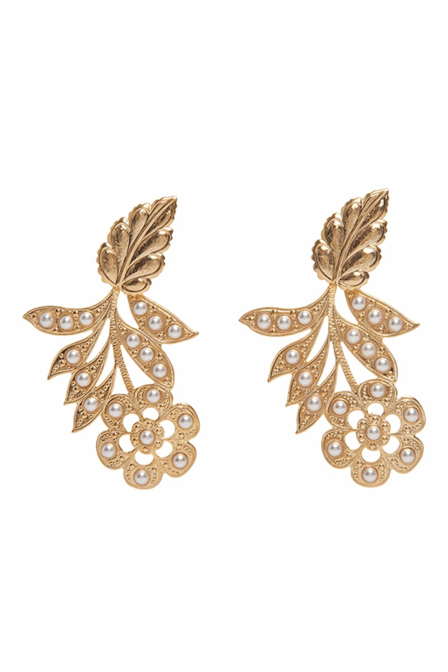 Accessories Markarian NYC | Final Sale: Isabetta Gold Pearl Detail Floral And Feather Earrings