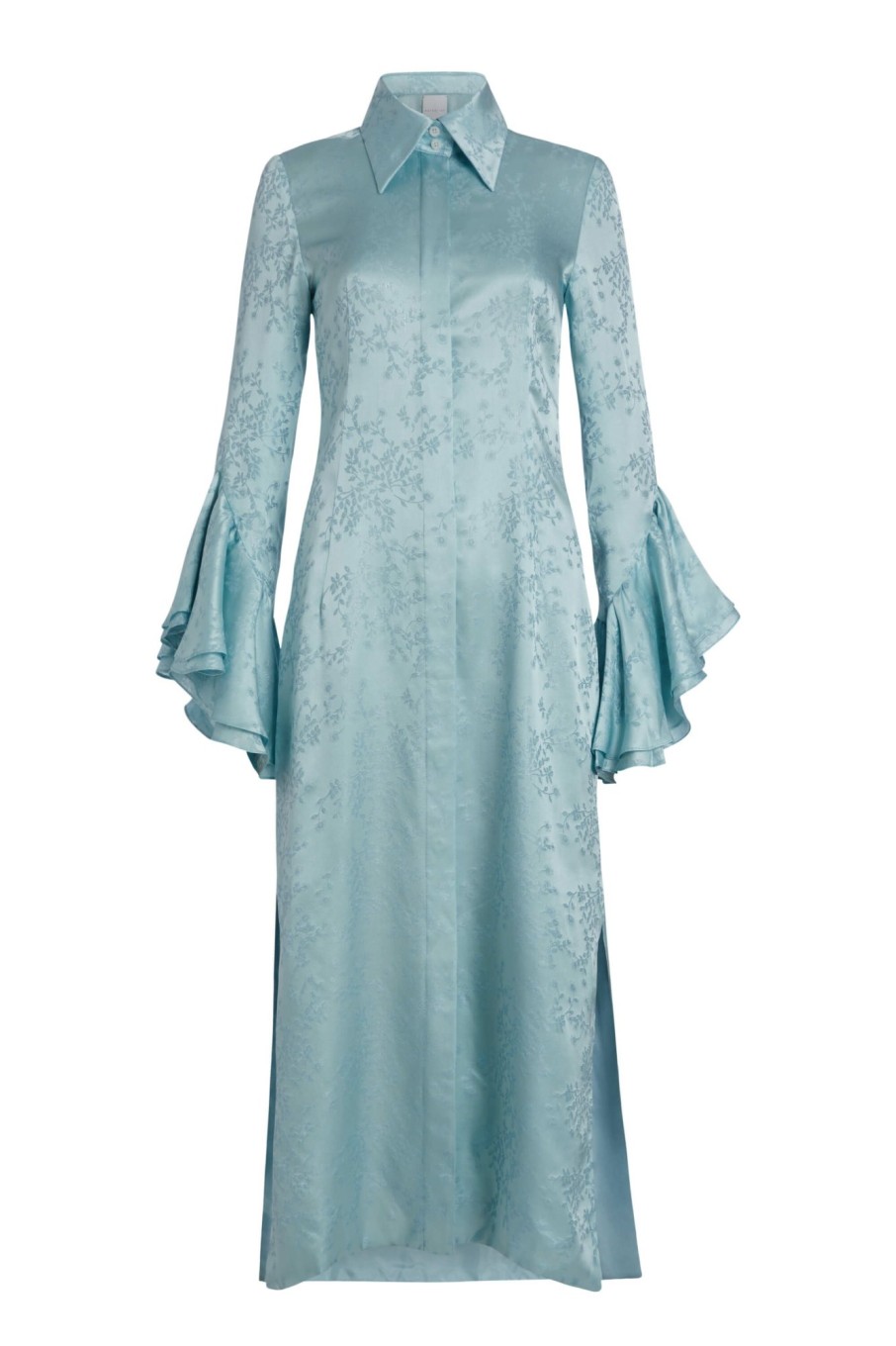 Clothing Markarian NYC | Gemma Light Blue Shimmer Floral Jacquard Ruffled Sleeve Shirt Dress