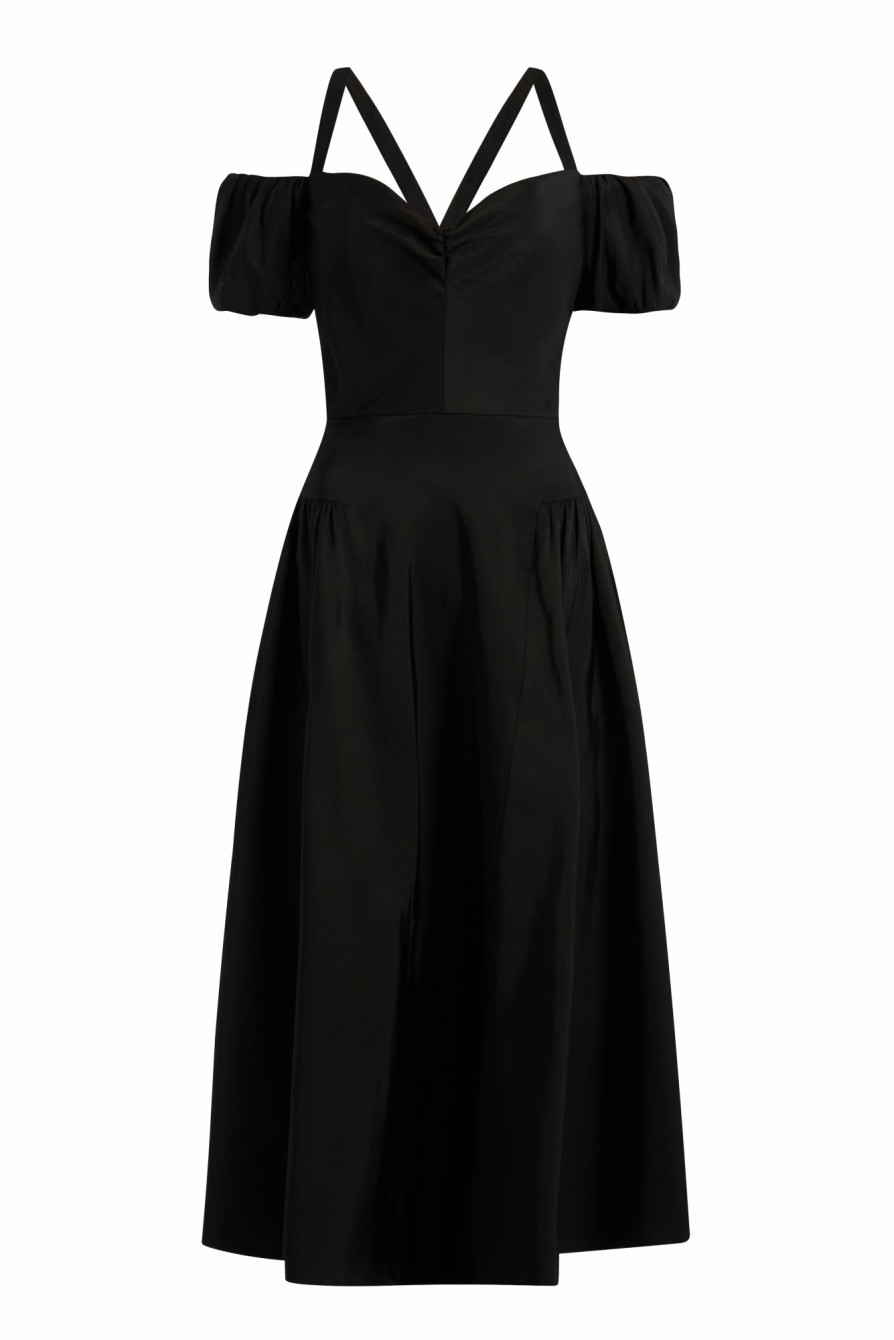 Clothing Markarian NYC | Jackie Black Silk Faille Off-The-Shoulder Puff Sleeve Midi Dress